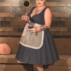 Navy Polka Dot Dress with Lace Apron